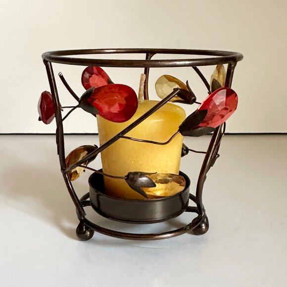 Metal Floral Votive Tealight Candle Holder with Yellow Votive Candle - Picture 1 of 12